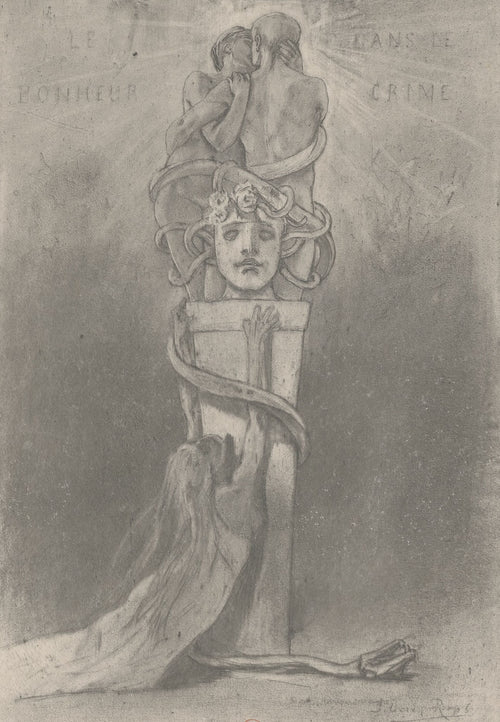 Le bonheur dans le crime (2nd state) by Félicien Rops — Two embracing lovers kiss atop a pillar coiled by a serpent