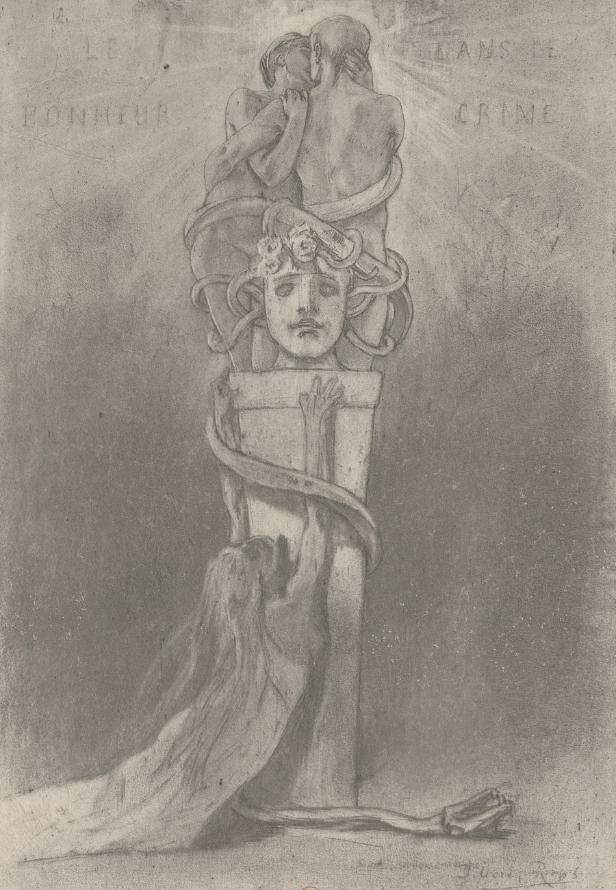 Félicien Rops — Le bonheur dans le crime (2nd state) | Etching Print shown to scale on a wall above a sofa