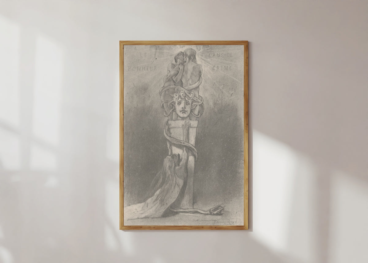 Framed art print of Le bonheur dans le crime (2nd state) by Félicien Rops, in a light wood frame on a sunlit white wall