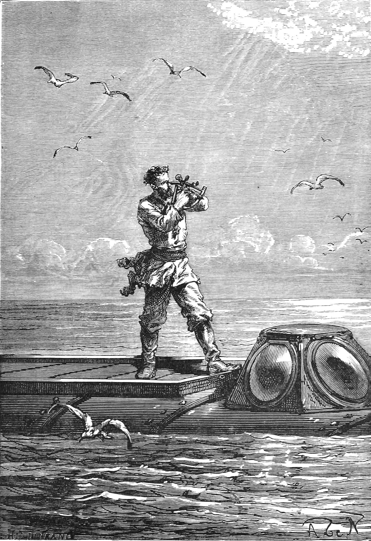 Le capitaine Nemo prit la hauteur du soleil | Vintage Illustration