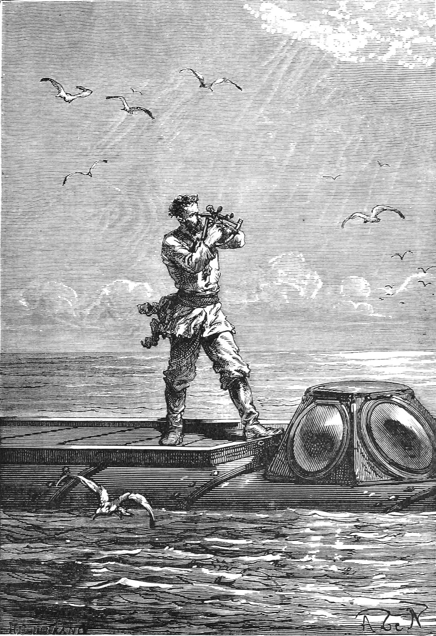 Alphonse de Neuville — Le capitaine Nemo prit la hauteur du soleil (Captain Nemo takes the sun's altitude) | Vintage Illustration Print shown to scale on a wall above a sofa