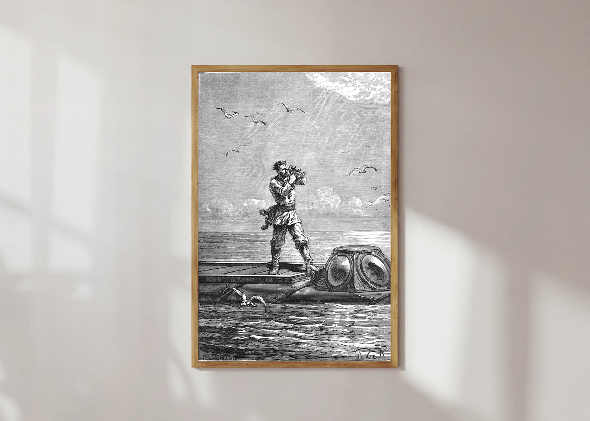 Framed art print of Le capitaine Nemo prit la hauteur du soleil (Captain Nemo takes the… by Alphonse de Neuville, in a light wood frame on a sunlit white wall