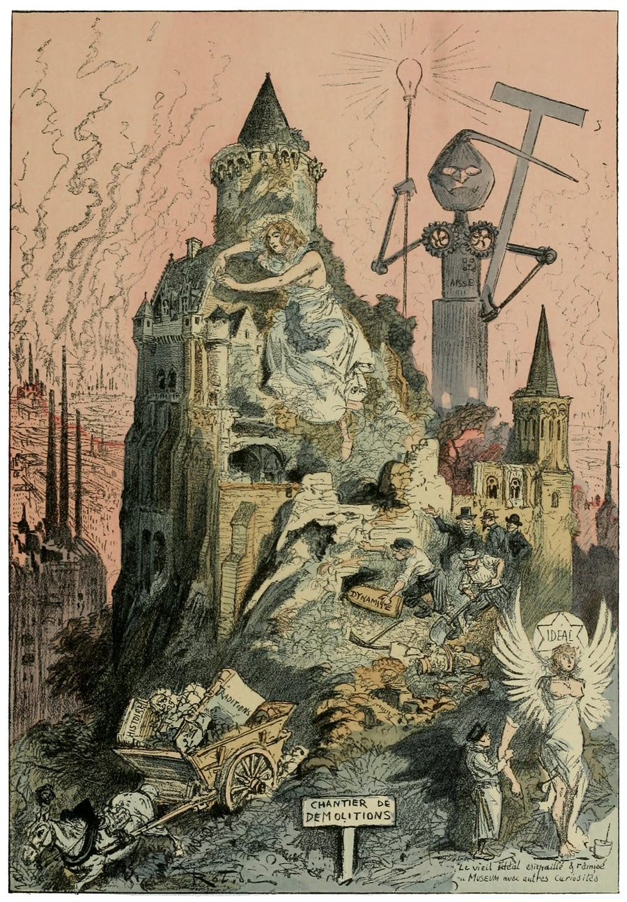 Albert Robida — Le déblaiement de l'ancien monde | Vintage Illustration Print shown to scale on a wall above a sofa
