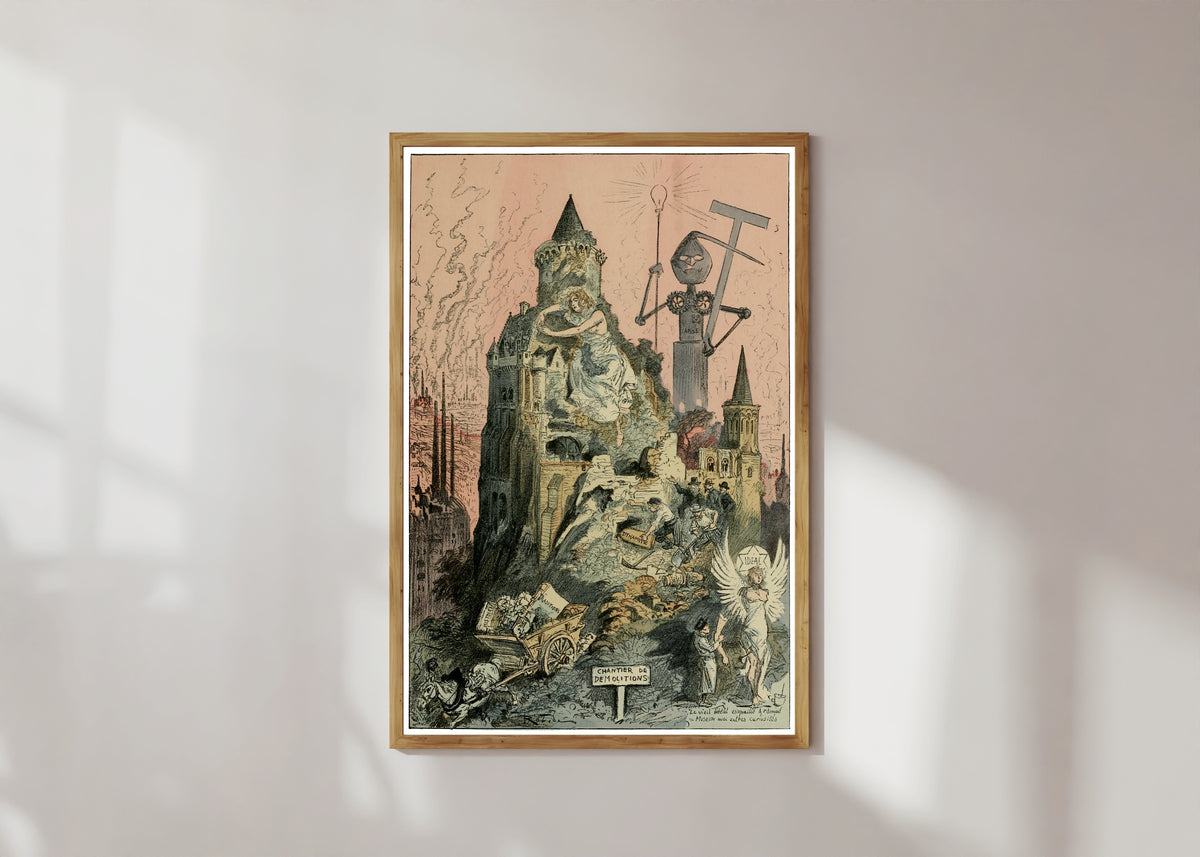 Framed art print of Le déblaiement de l'ancien monde by Albert Robida, in a light wood frame on a sunlit white wall