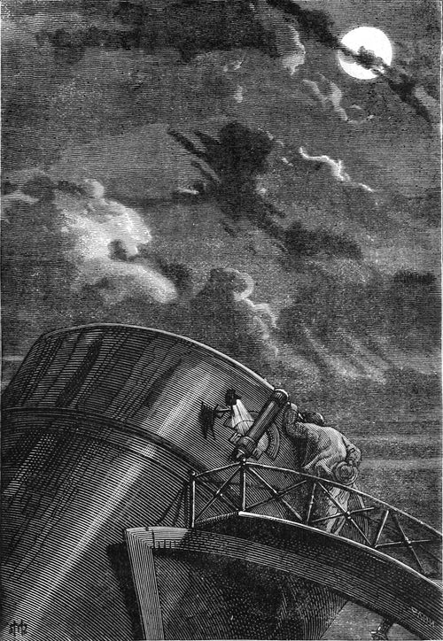Le directeur était à son poste (The director was at his post) by Henri de Montaut — A watcher at a giant telescope peers into a cloudy moonlit sky