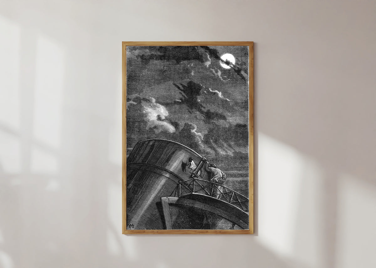 Framed art print of Le directeur était à son poste (The director was at his post) by Henri de Montaut, in a light wood frame on a sunlit white wall