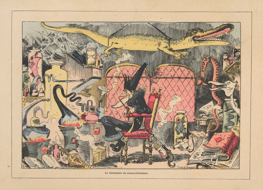 Albert Robida — Le laboratoire du savant alchimiste | Vintage Illustration Print shown to scale on a wall above a sofa