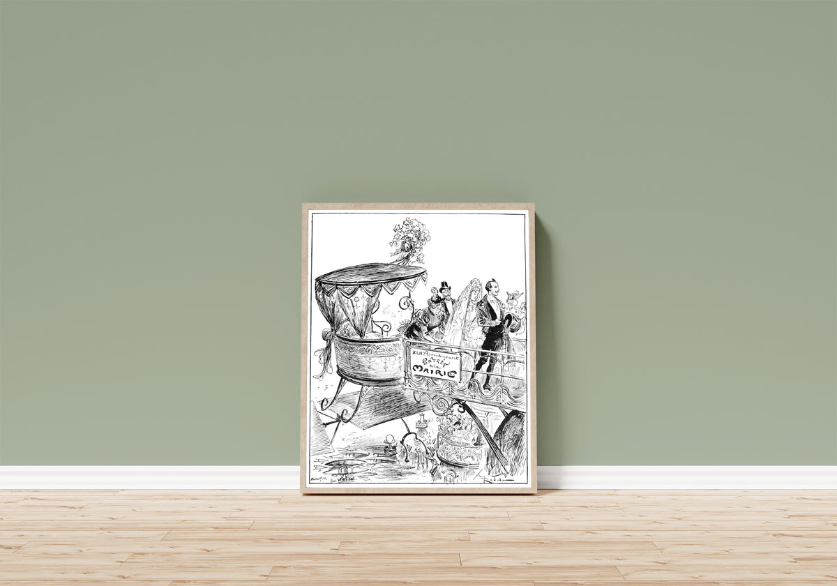Framed art print of Arrivée à la mairie by Albert Robida, in a light wood frame leaning on a sage green wall above a wooden floor