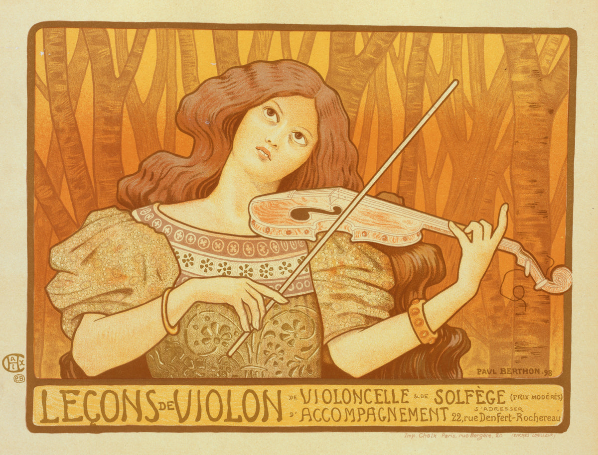 Leçons de Violon by Paul Berthon — A violinist tilts her head back among amber tree trunks