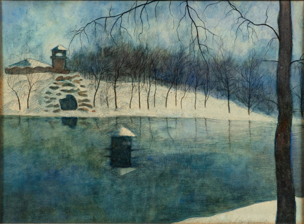Léon Spilliaert — Le parc Léopold d’Ostende avec l’étang et le Trinkhall, sous la neige | Symbolist Art Print