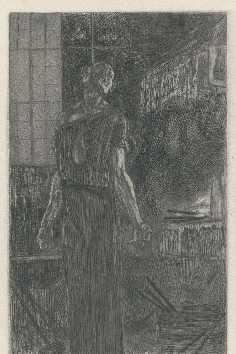 Félicien Rops — Le pendu dans la forge (2nd state) | Etching Print shown to scale on a wall above a sofa