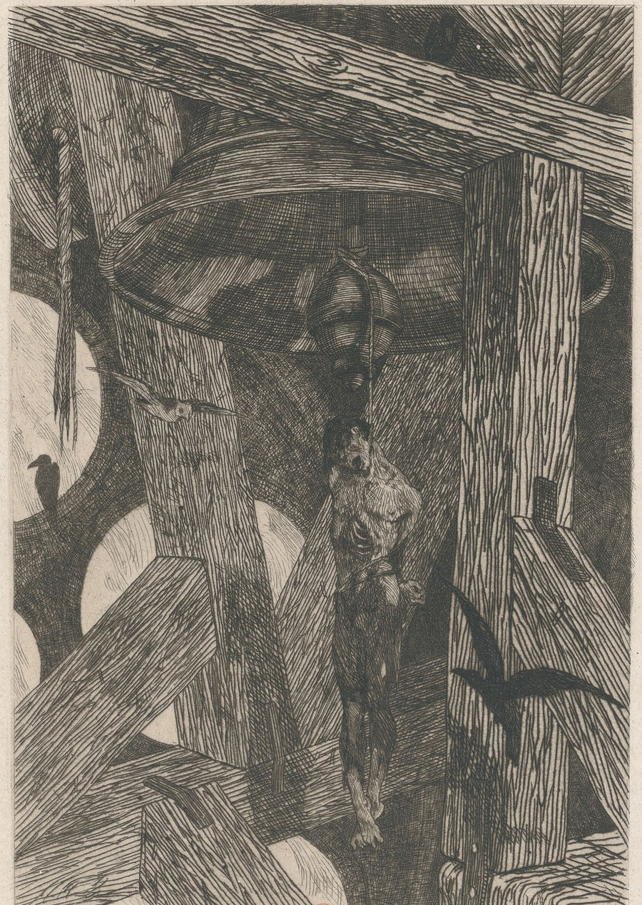 Félicien Rops — Le pendu à la cloche | Etching Print shown to scale on a wall above a sofa