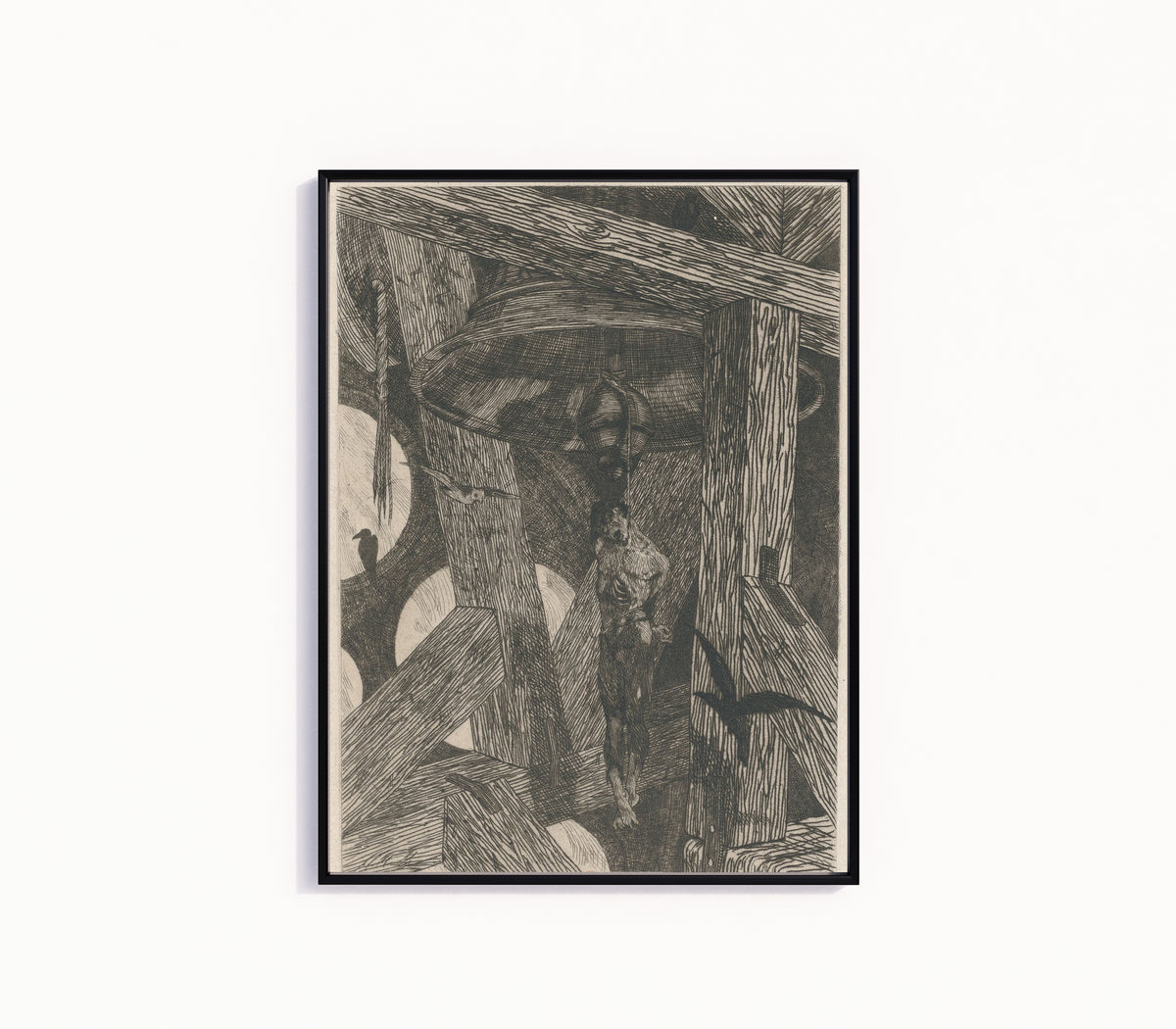 Framed art print of Le pendu à la cloche by Félicien Rops, in a slim black frame on a plain white wall