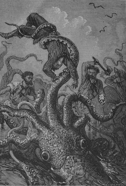 Le poulpe brandissait la victime comme une plume (The octopus brandished its victim like a feather) by Alphonse de Neuville — A giant octopus lifts a sailor