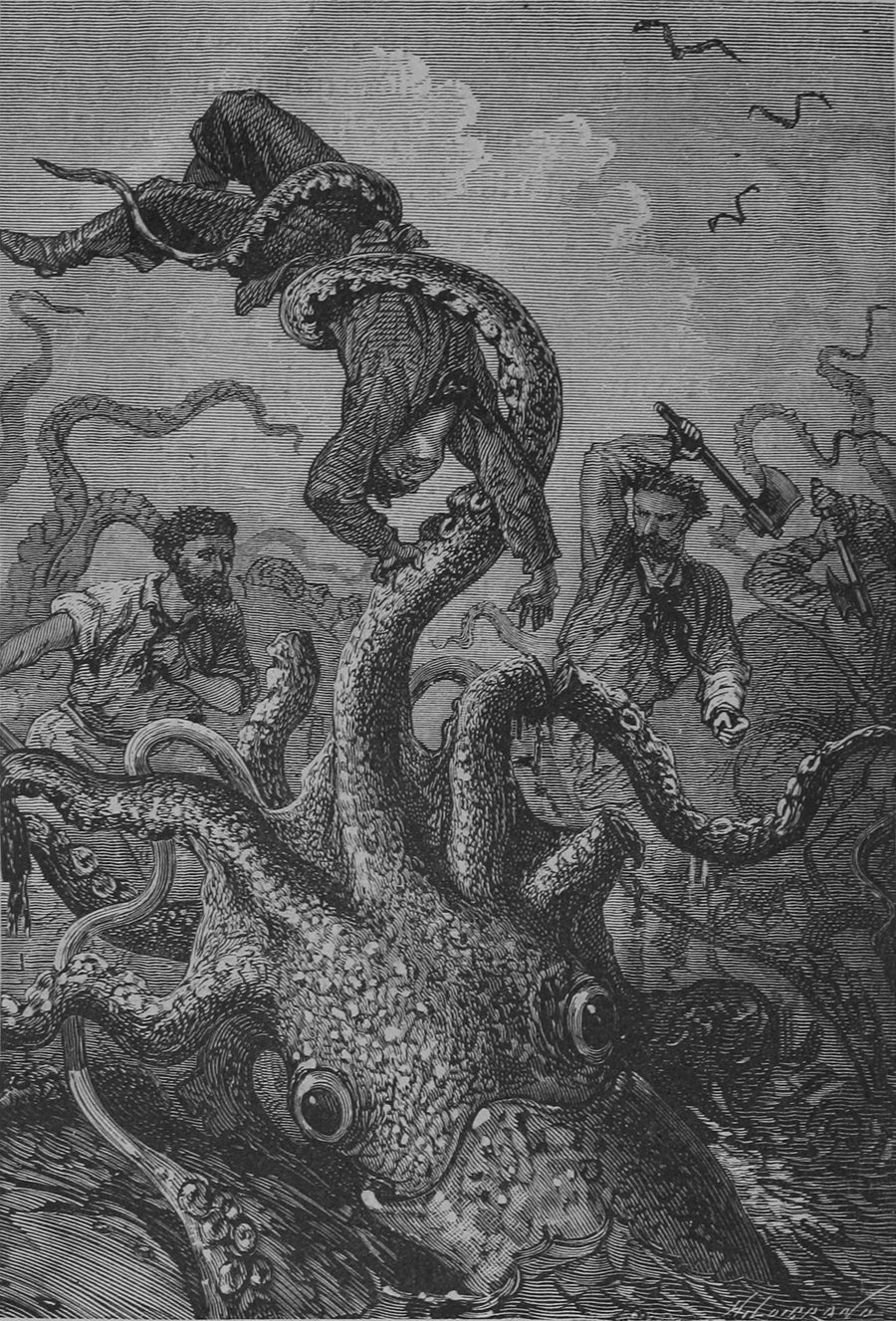 Alphonse de Neuville — Le poulpe brandissait la victime comme une plume (The octopus brandished its victim like a feather) | Vintage Illustration Print shown to scale on a wall above a sofa