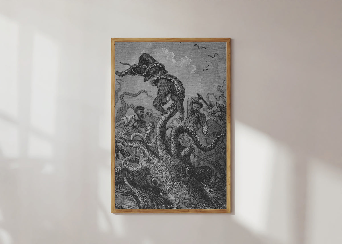 Framed art print of Le poulpe brandissait la victime comme une plume (The octopus… by Alphonse de Neuville, in a light wood frame on a sunlit white wall