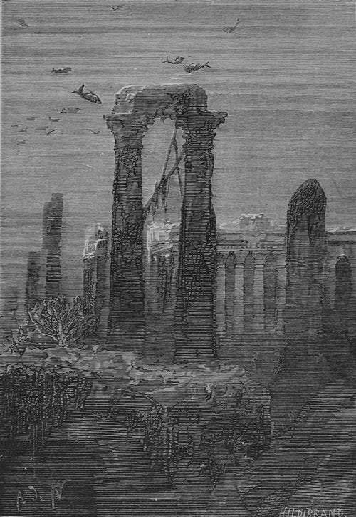 Le temple d'Hercule (The Temple of Hercules) by Alphonse de Neuville — The weed-hung columns of a sunken temple stand on the sea floor