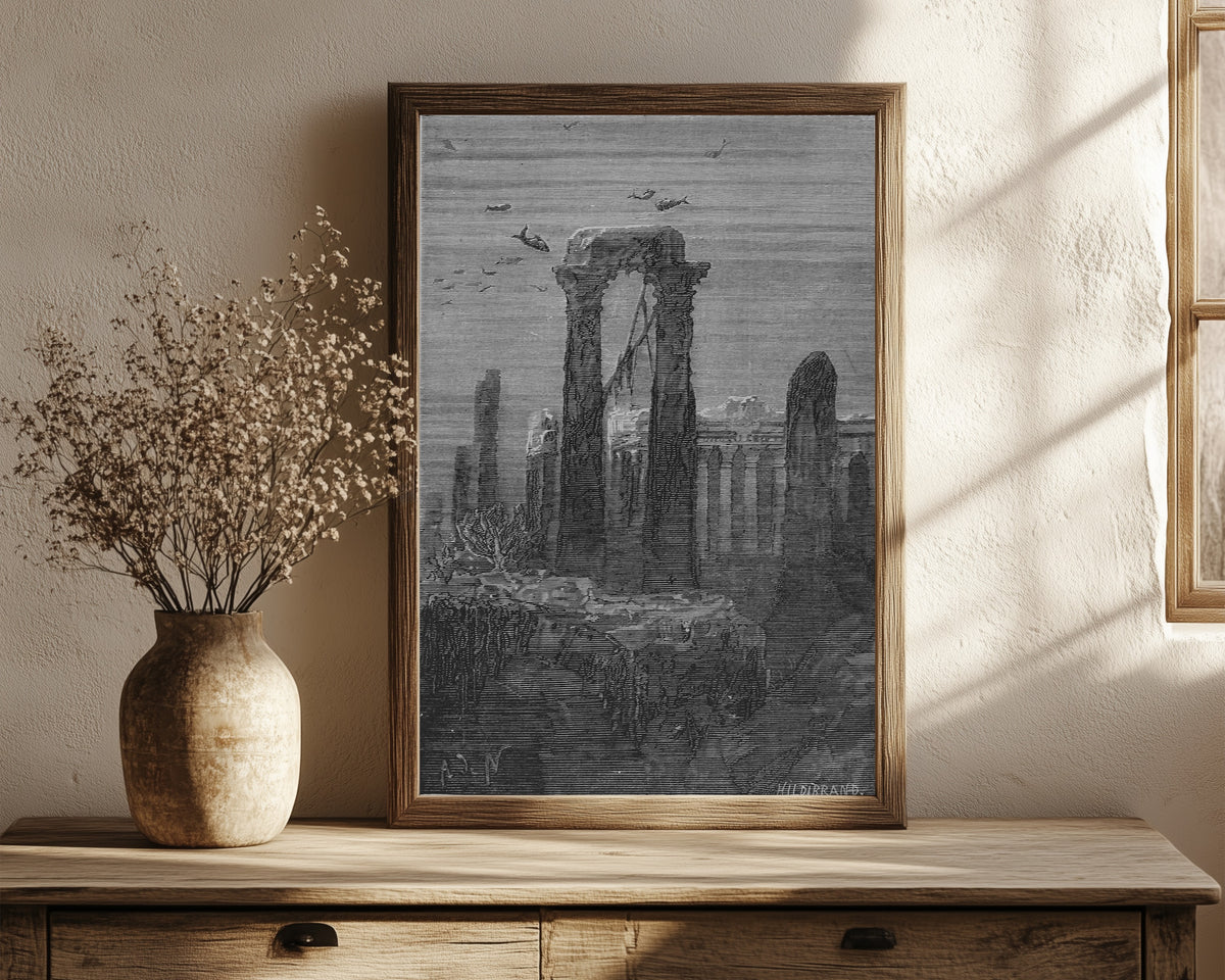 Framed art print of Le temple d'Hercule (The Temple of Hercules) by Alphonse de Neuville, in a dark wood frame leaning on a rustic console beside dried flowers