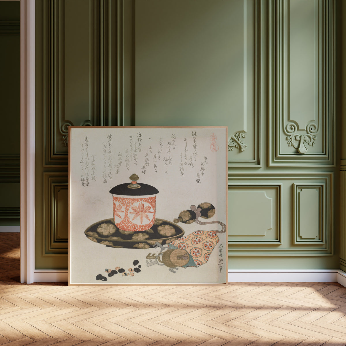 Framed art print of Leading-a-Horse Money by Katsushika Hokusai, leaning against olive-green panelling on a herringbone floor