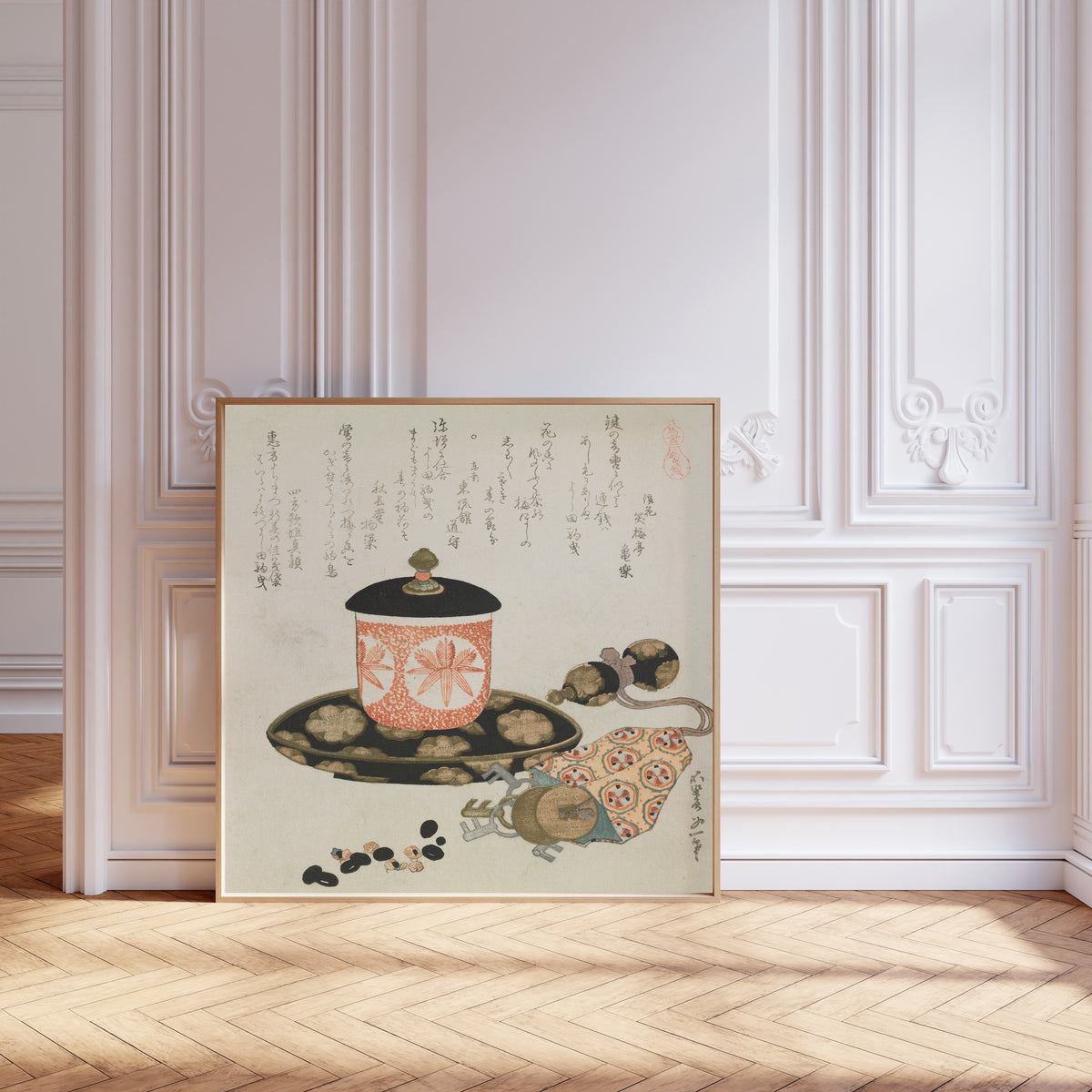 Framed art print of Leading-a-Horse Money by Katsushika Hokusai, leaning against pale pink panelling on a herringbone floor