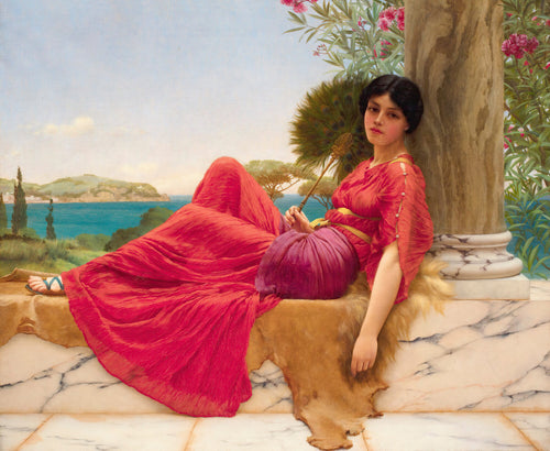 Leaning Against a Column by John William Godward — A woman in rose-red drapery leans on a column above a blue bay