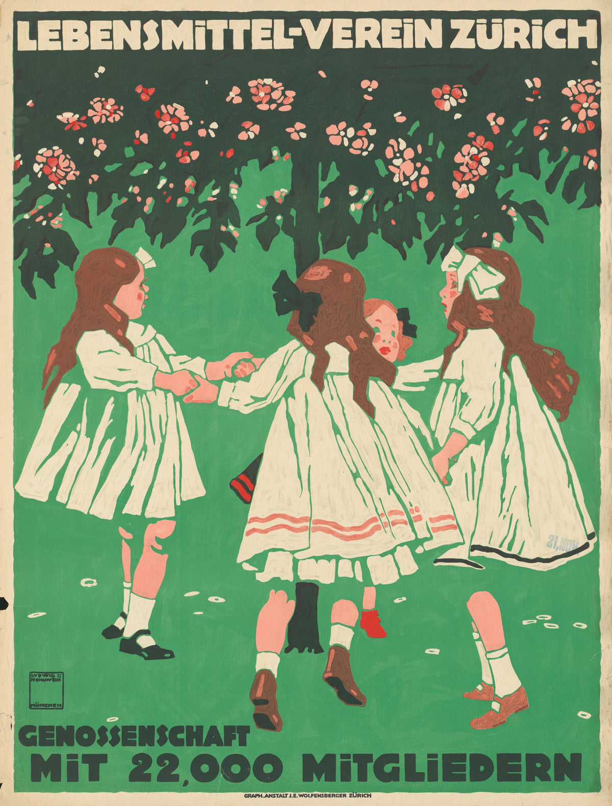 Lebensmittel-Verein Zürich by Ludwig Hohlwein — Girls in white dresses dance in a ring under a blossoming tree