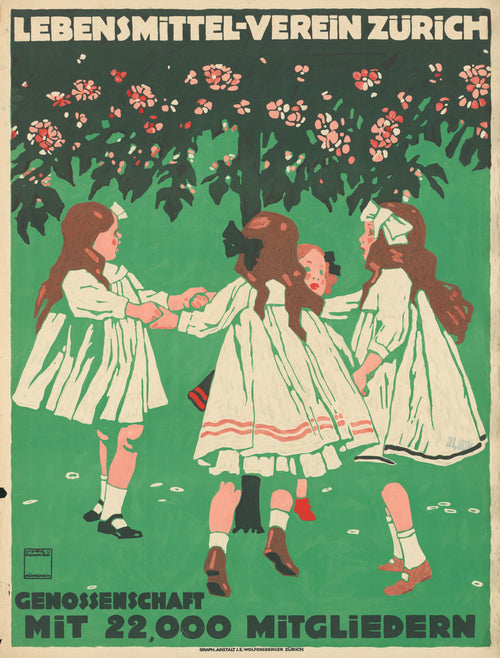 Lebensmittel-Verein Zürich by Ludwig Hohlwein — Girls in white dresses dance in a ring under a blossoming tree