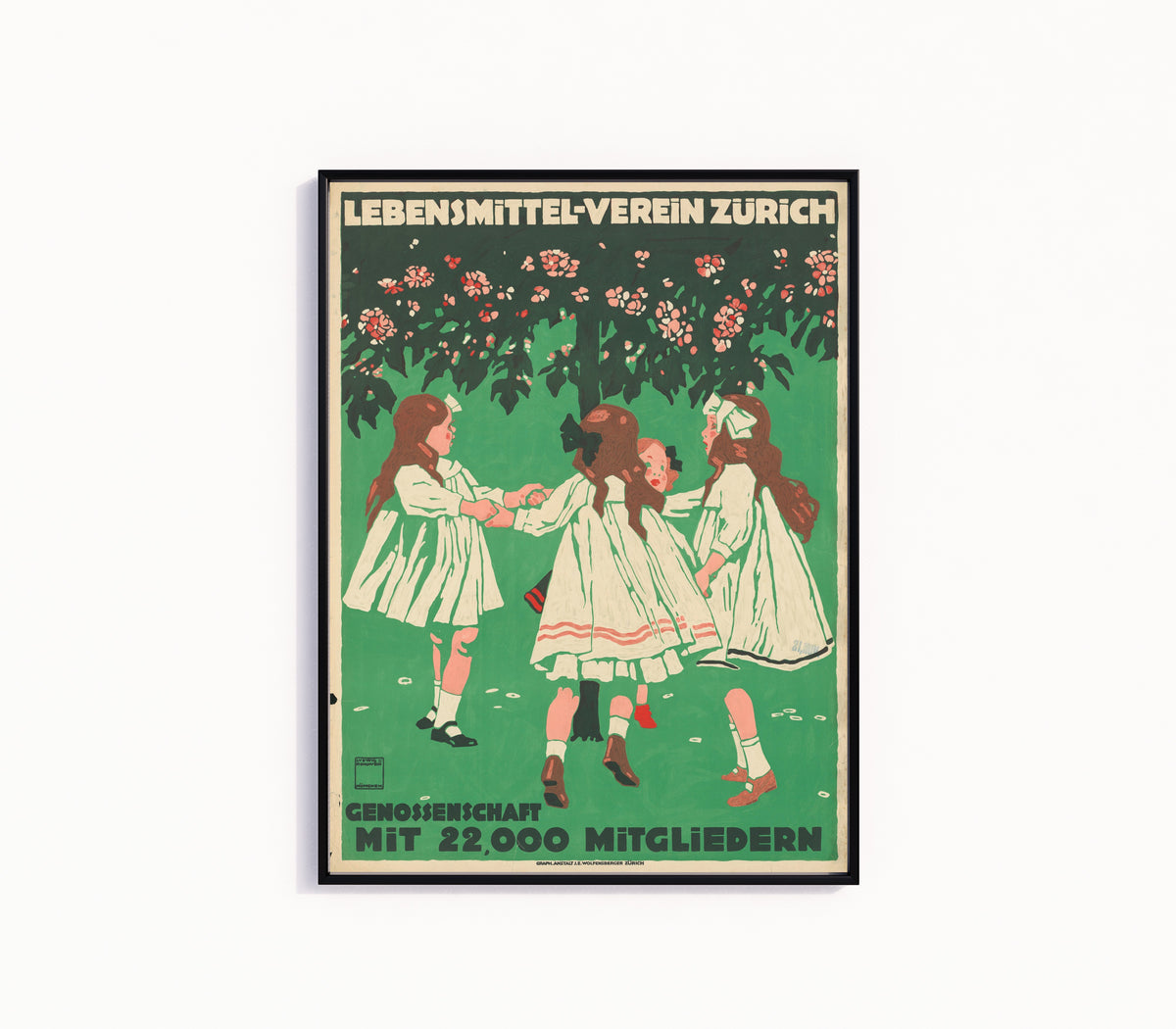 Framed art print of Lebensmittel-Verein Zürich by Ludwig Hohlwein, in a slim black frame on a plain white wall