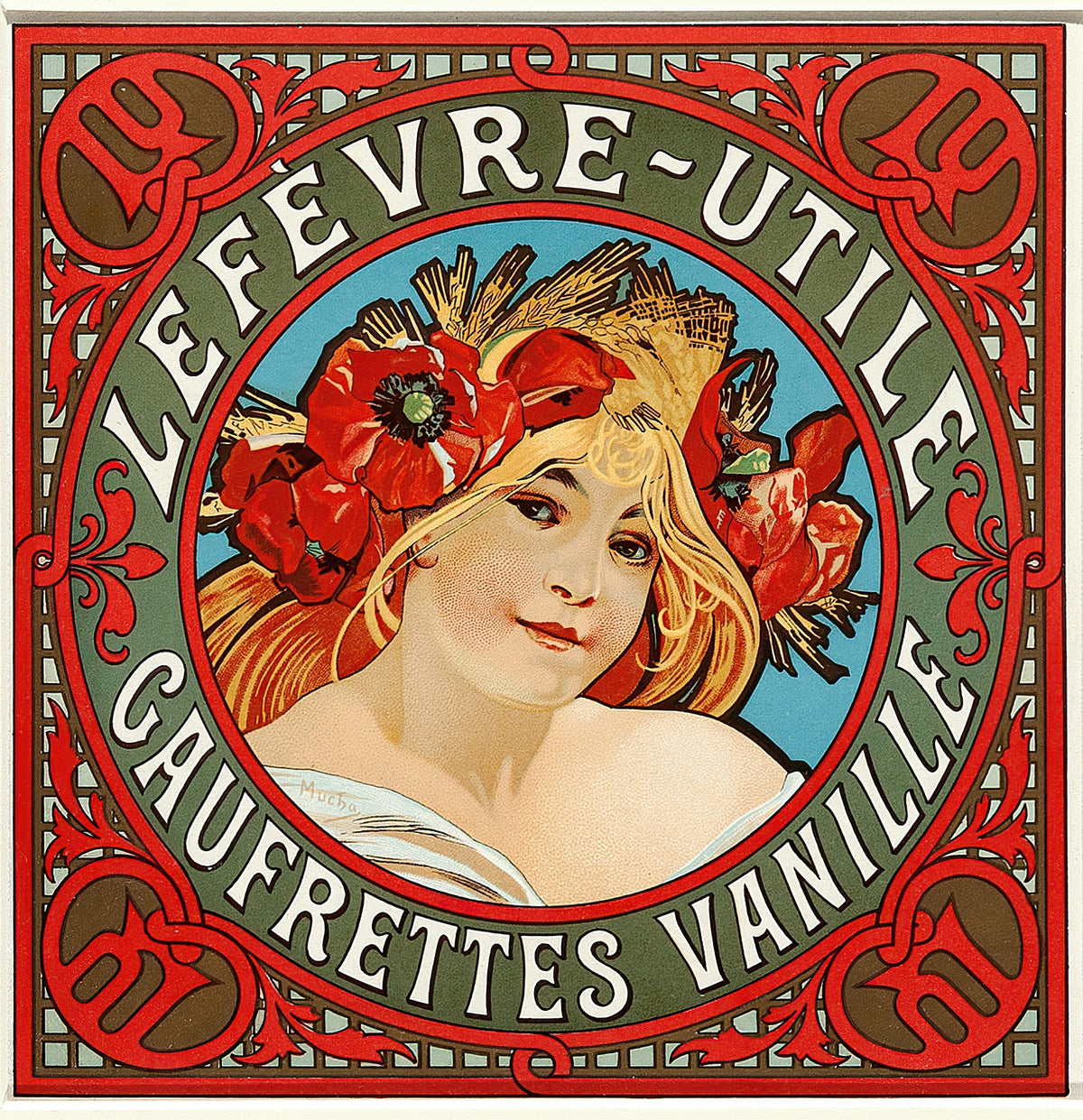 Lefèvre-Utile: Gaufrettes Vanille by Alphonse Mucha — A girl crowned with poppies and wheat in a blue roundel of red scrolls