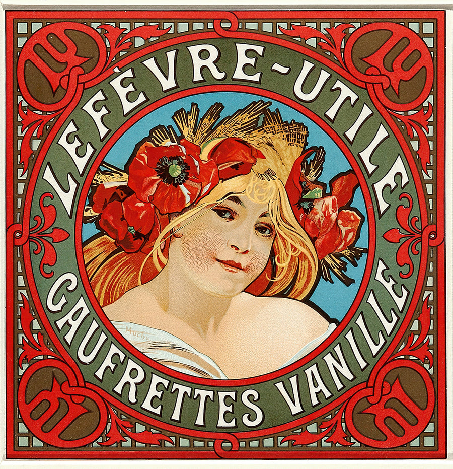 Alphonse Mucha — Lefèvre-Utile: Gaufrettes Vanille | Vintage Poster Print shown to scale on a wall above a sofa
