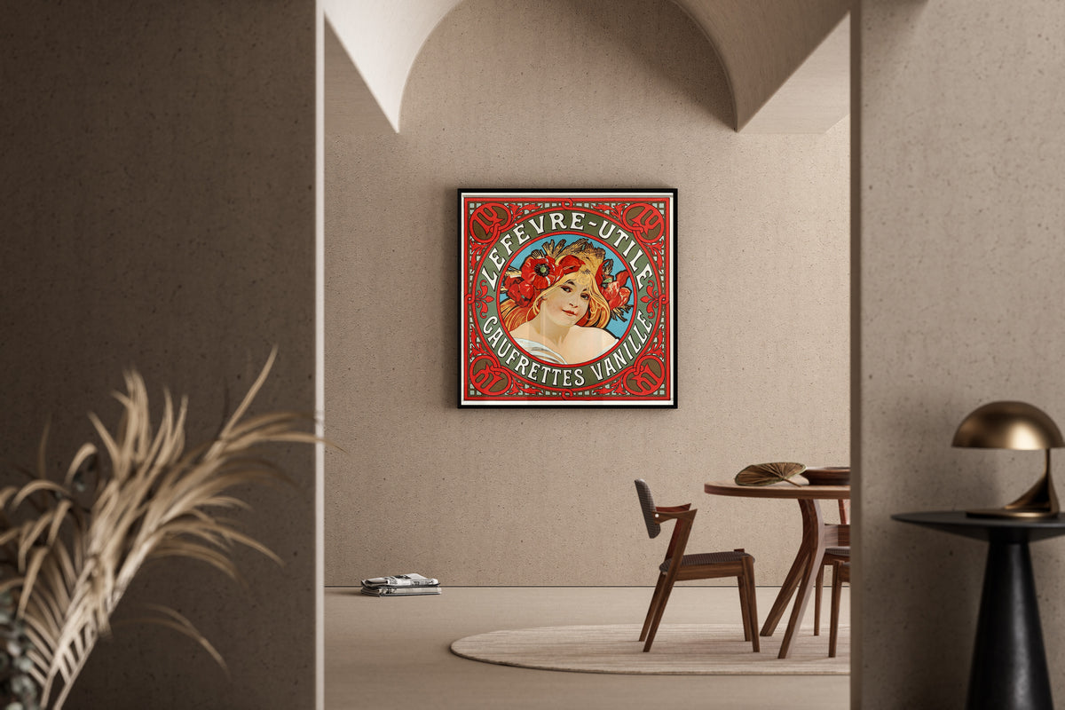 Framed art print of Lefèvre-Utile: Gaufrettes Vanille by Alphonse Mucha, in a sunlit dining corner