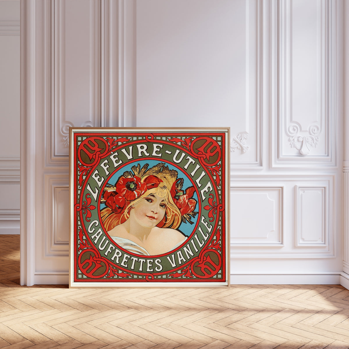 Framed art print of Lefèvre-Utile: Gaufrettes Vanille by Alphonse Mucha, leaning against pale pink panelling on a herringbone floor