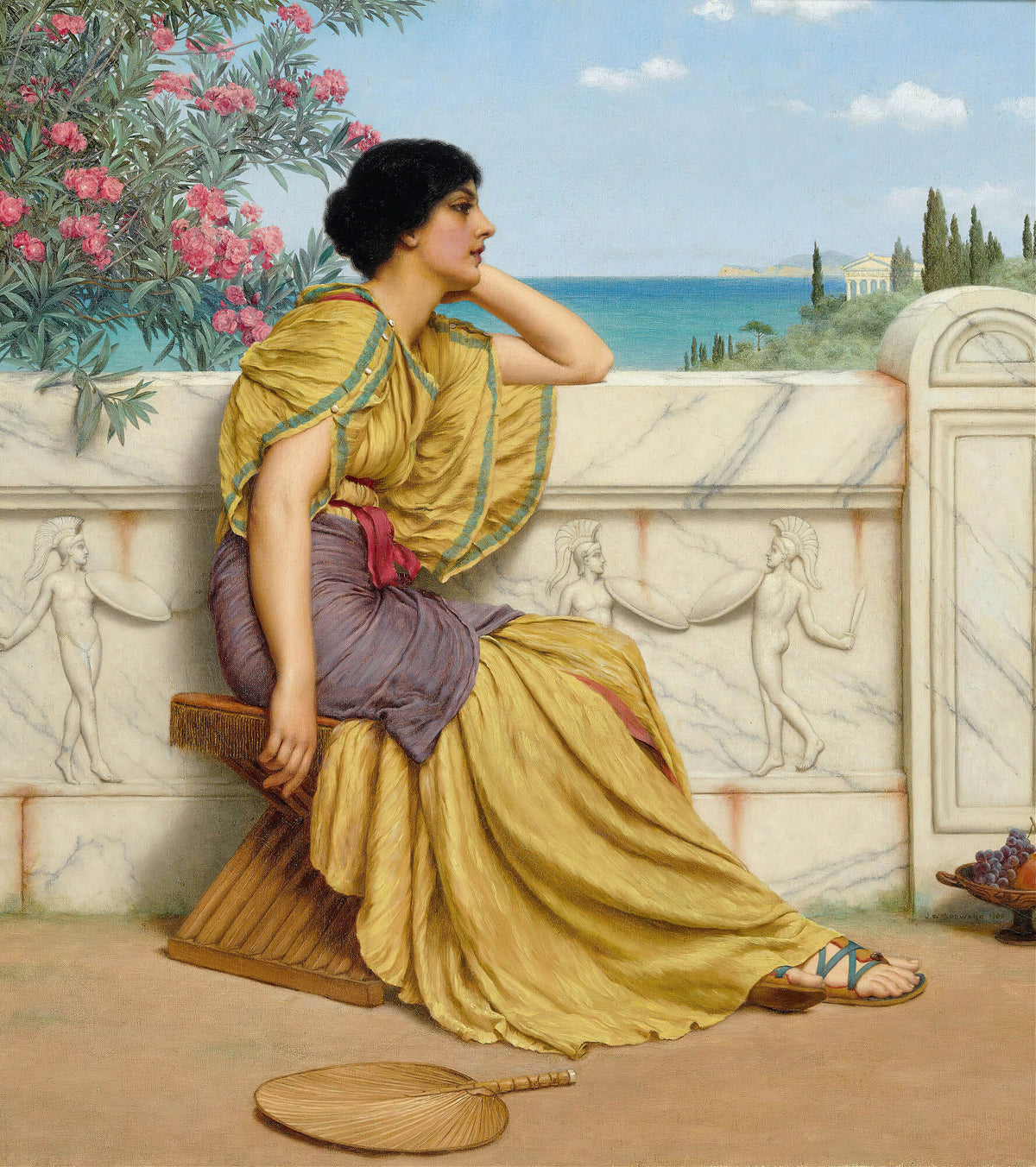 Leisure Hours by John William Godward — A woman in saffron robes gazes out to sea from a marble terrace