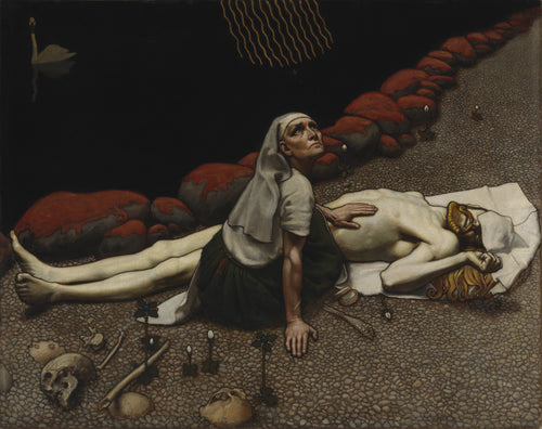 Lemminkäinen's Mother by Akseli Gallen-Kallela — A mother sits by her son's body on a dark riverbank, gazing upward