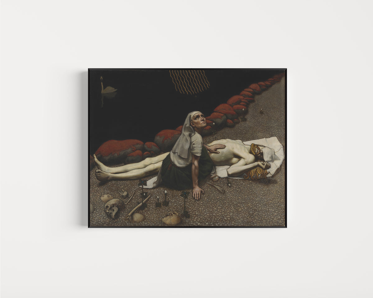 Framed art print of Lemminkäinen's Mother by Akseli Gallen-Kallela, in a slim black frame on a plain white wall