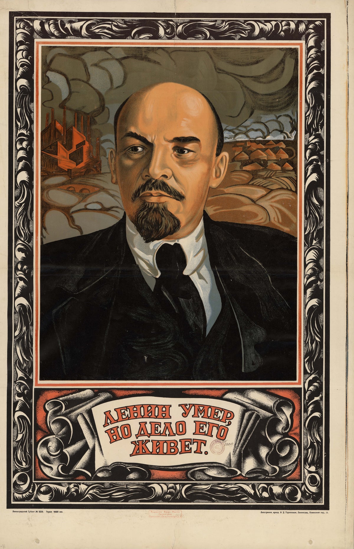Lenin Is Dead, but His Cause Lives On — Lenin in a dark suit before smoking factories and fields