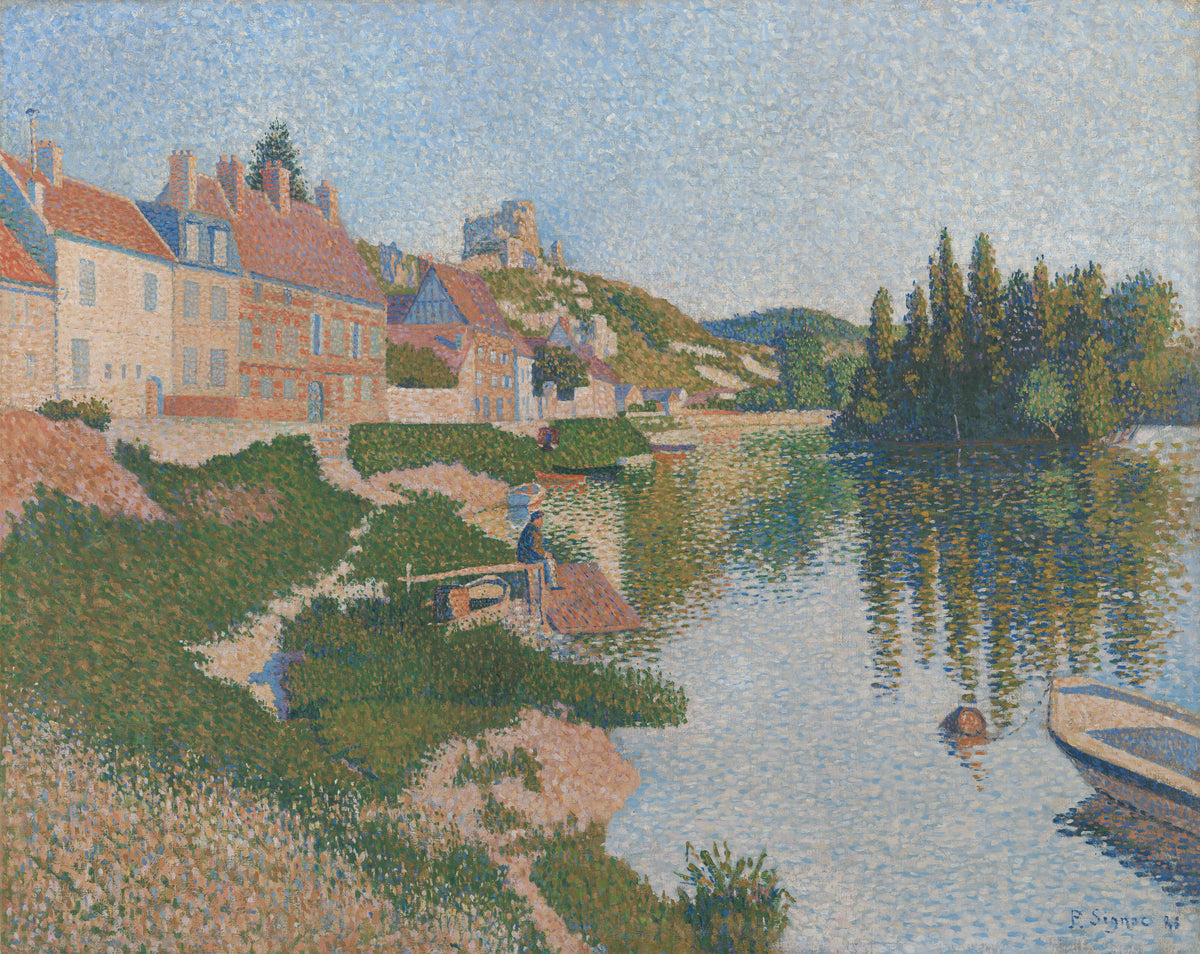Les Andelys (1886) by Paul Signac — A still river bend with pale houses, a ruined tower and tall trees