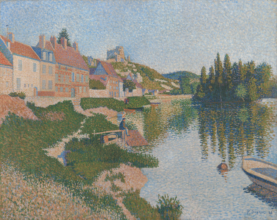 Paul Signac — Les Andelys (1886) | Fine Art Print shown to scale on a wall above a sofa