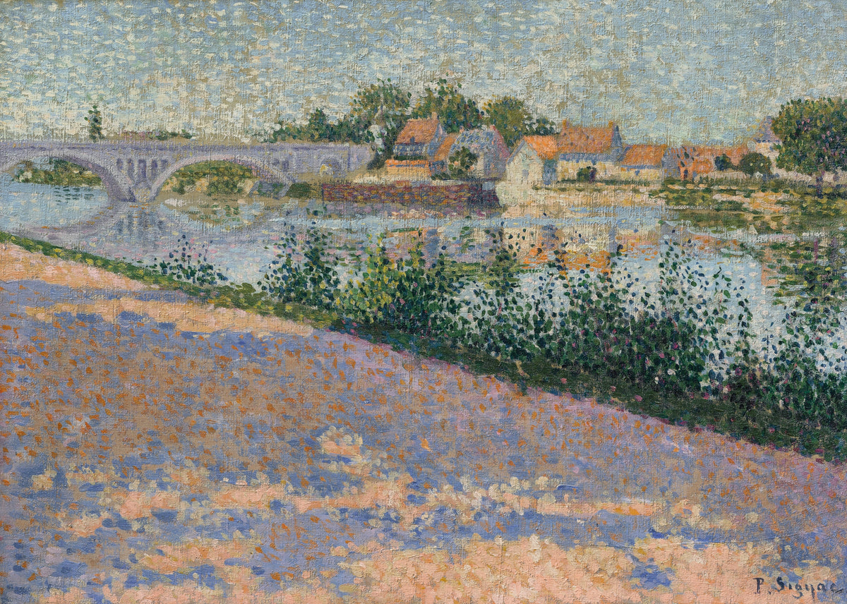 Les Andelys, Port Morin by Paul Signac — A stone bridge and orange-roofed houses across a calm river