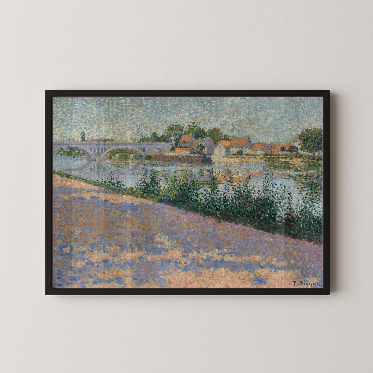 Framed art print of Les Andelys, Port Morin by Paul Signac, in a black frame on a pale wall