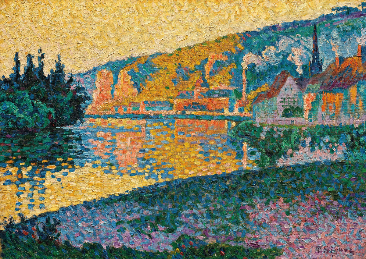 Les Andelys, Sunset by Paul Signac — A river bend glowing gold below a village spire and chimneys