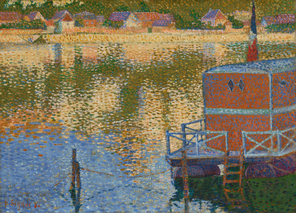 Les Andelys, The Baths by Paul Signac — A floating bathing house on gold and blue water, a flag on a tall pole