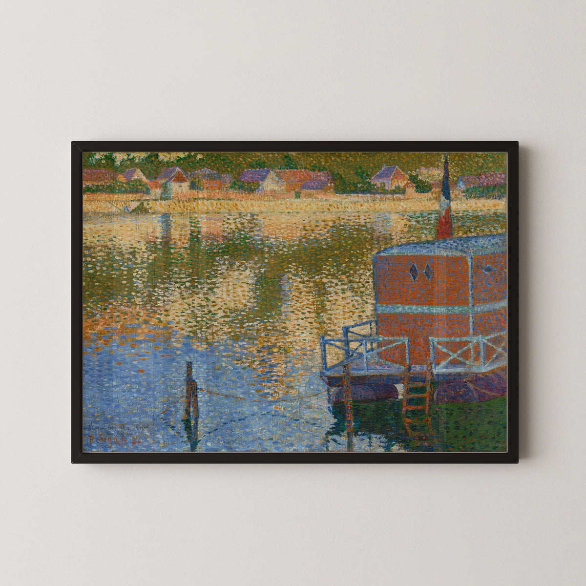 Framed art print of Les Andelys, The Baths by Paul Signac, in a black frame on a pale wall