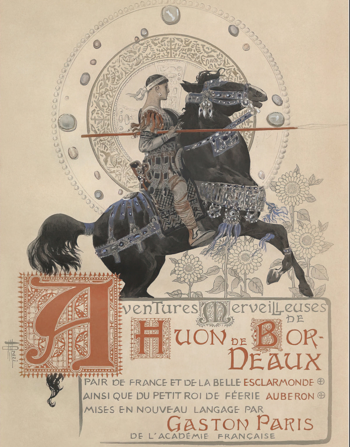 Les Aventures merveilleuses de Huon de Bordeaux by Manuel Orazi — A lancer on a rearing black horse before a ring of pearls