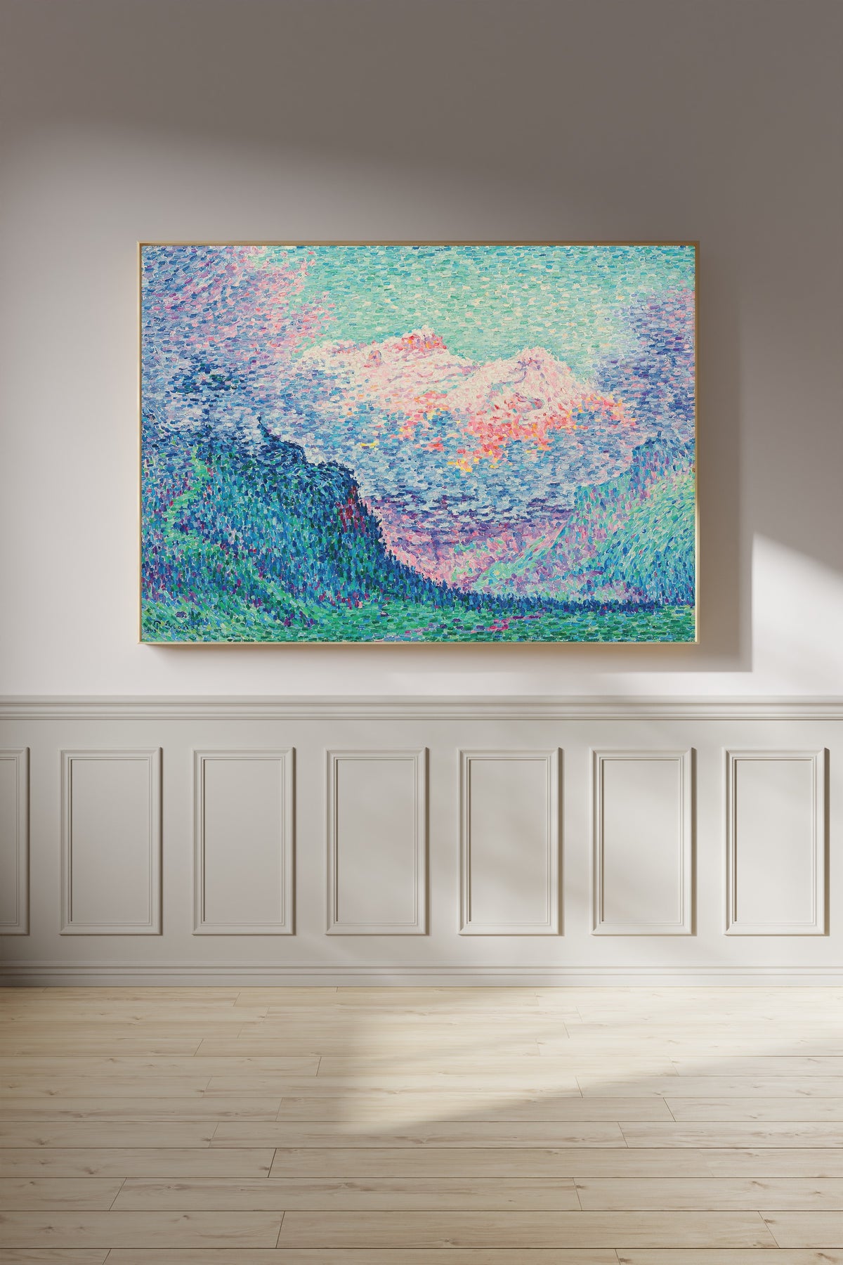Framed art print of Les Diablerets (The Oldenhorn and the Bécabesson) by Paul Signac, on a panelled wall in afternoon light