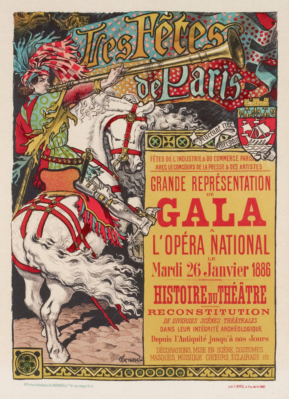 Les Fêtes de Paris, Grande Représentation de Gala à l'Opéra National, le Mardi 26 Janvier 1886 by Eugène Grasset — A herald on a white horse blows a long