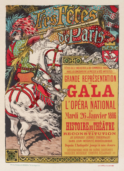 Les Fêtes de Paris, Grande Représentation de Gala à l'Opéra National, le Mardi 26 Janvier 1886 by Eugène Grasset — A herald on a white horse blows a long