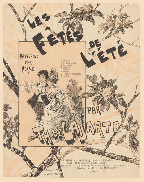 Les Fêtes de l’été, passepied pour piano par Th. de Lajarte by Théophile Steinlen — A dancing couple in a panel among branches heavy with fruit