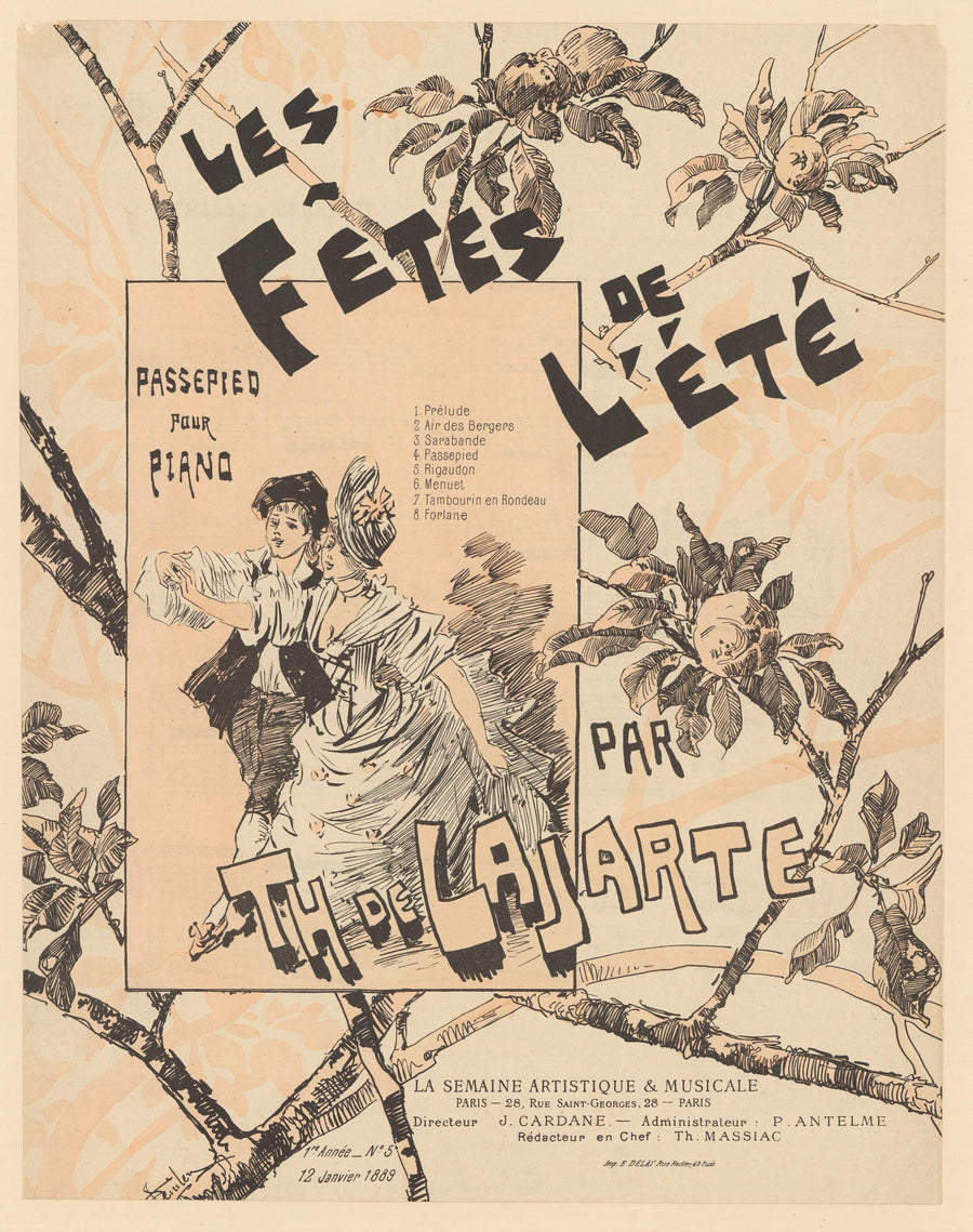 Théophile Steinlen — Les Fêtes de l’été, passepied pour piano par Th. de Lajarte | Vintage Poster Print shown to scale on a wall above a sofa