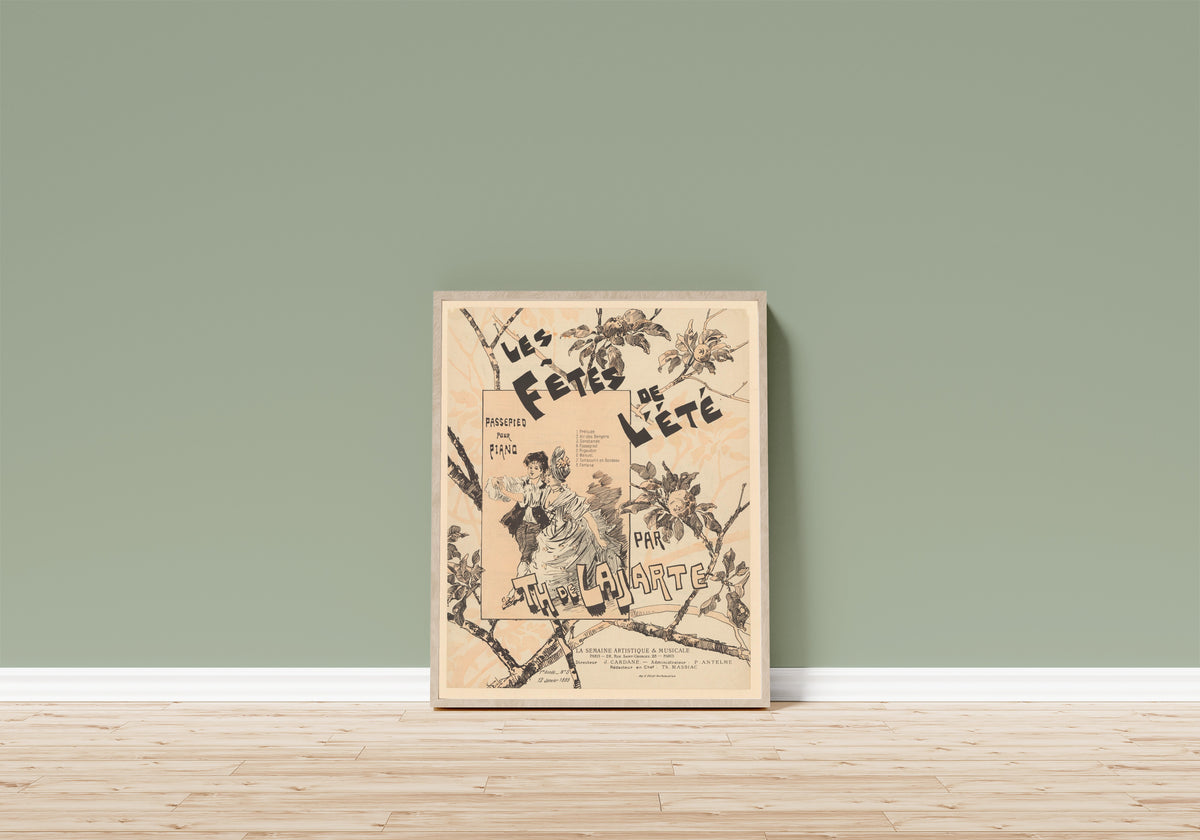 Framed art print of Les Fêtes de l’été, passepied pour piano… by Théophile Steinlen, in a light wood frame leaning on a sage green wall above a wooden floor